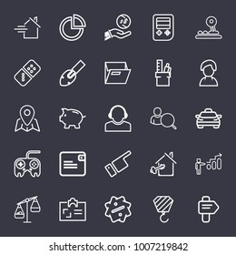 Business outline vector icon set on dark blue background