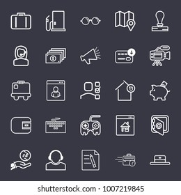 Business outline vector icon set on dark blue background