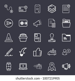 Business outline vector icon set on dark blue background