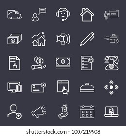 Business outline vector icon set on dark blue background