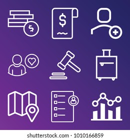 Business outline vector icon set on gradient background