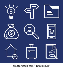 Business outline vector icon set on navy background