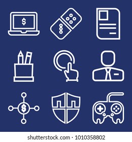 Business outline vector icon set on navy background