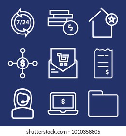 Business outline vector icon set on navy background