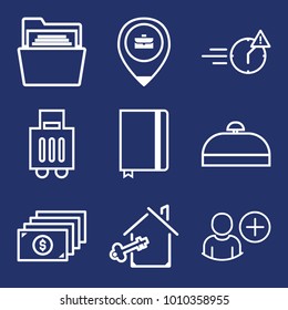 Business outline vector icon set on navy background