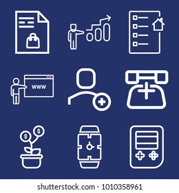 Business outline vector icon set on navy background