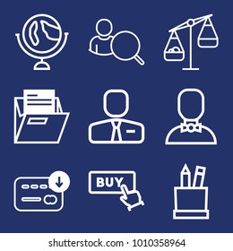 Business outline vector icon set on navy background