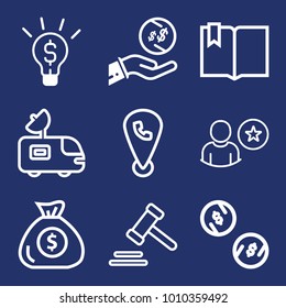 Business outline vector icon set on navy background