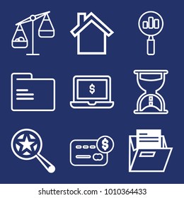 Business outline vector icon set on navy background