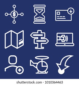 Business outline vector icon set on navy background