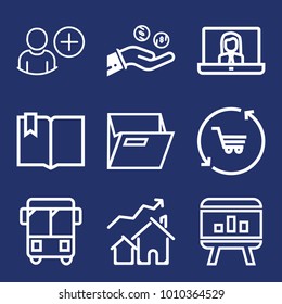 Business outline vector icon set on navy background