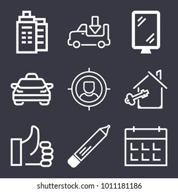 Business outline vector icon set on dark blue background
