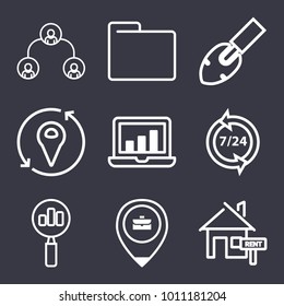 Business outline vector icon set on dark blue background