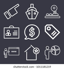 Business outline vector icon set on dark blue background