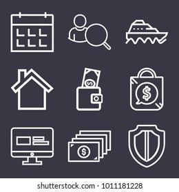 Business outline vector icon set on dark blue background