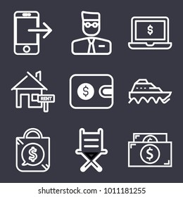 Business outline vector icon set on dark blue background