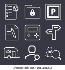 Business outline vector icon set on dark blue background