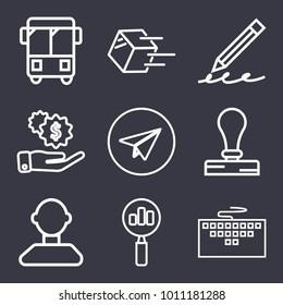 Business outline vector icon set on dark blue background