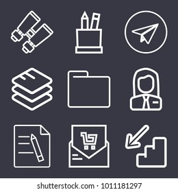 Business outline vector icon set on dark blue background
