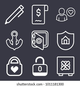 Business outline vector icon set on dark blue background