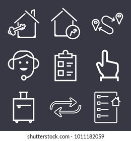 Business outline vector icon set on dark blue background