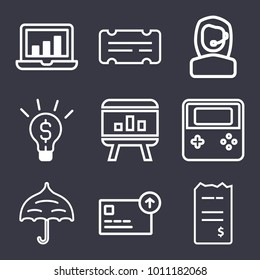 Business outline vector icon set on dark blue background