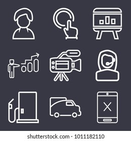 Business outline vector icon set on dark blue background