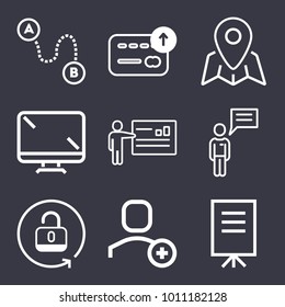Business outline vector icon set on dark blue background