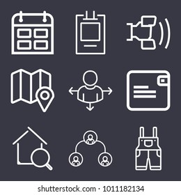 Business outline vector icon set on dark blue background