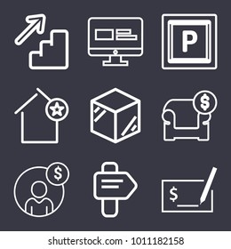 Business outline vector icon set on dark blue background