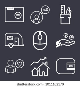 Business outline vector icon set on dark blue background