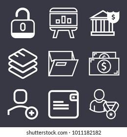 Business outline vector icon set on dark blue background