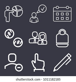 Business outline vector icon set on dark blue background