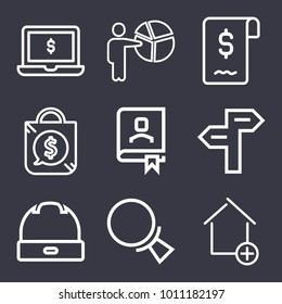 Business outline vector icon set on dark blue background