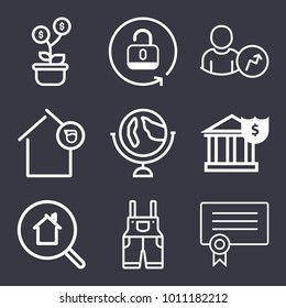 Business outline vector icon set on dark blue background