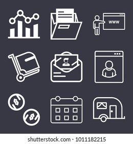 Business outline vector icon set on dark blue background