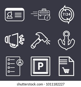Business outline vector icon set on dark blue background