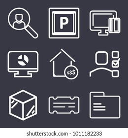 Business outline vector icon set on dark blue background