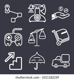 Business outline vector icon set on dark blue background
