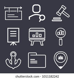 Business outline vector icon set on dark blue background