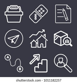 Business outline vector icon set on dark blue background