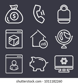 Business outline vector icon set on dark blue background