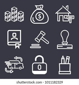 Business outline vector icon set on dark blue background