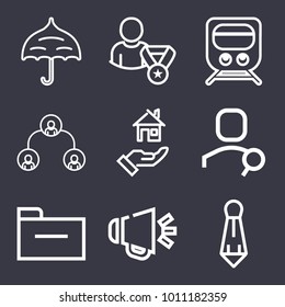 Business outline vector icon set on dark blue background