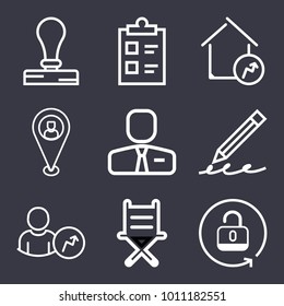 Business outline vector icon set on dark blue background