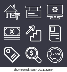 Business outline vector icon set on dark blue background