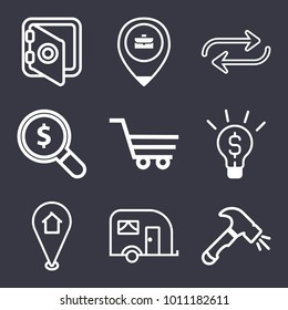 Business outline vector icon set on dark blue background