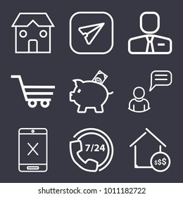 Business outline vector icon set on dark blue background