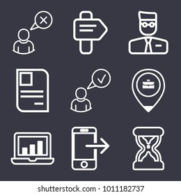 Business outline vector icon set on dark blue background