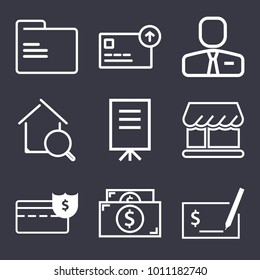 Business outline vector icon set on dark blue background